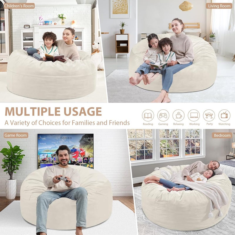 SIMFLAG 3FT Bean Bag Chair, Comfy Bean Bag Chairs with Memory Foam Filled, Fluffy Beanbag Sofa with Dutch Velvet Cover, Round BeanBag Chairs for Living Room, Playroom - Beige - Image 5